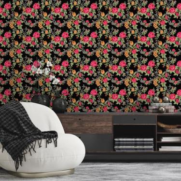 Imagem de CHIHUT Papel de parede floral vintage para contato floral escuro para armários gavetas paredes papel de parede autoadesivo de parede 45 x 254 cm rolo de vinil decorativo impermeável removível