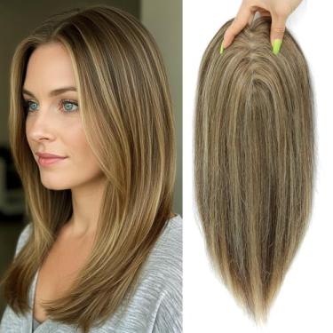 Imagem de lagomance Toppers de cabelo com queda de cabelo 100% humano real para mulheres 30,5 cm castanho médio mix loiro para mulheres 120% de densidade toppers para cabelos finos #427