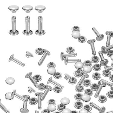 Imagem de HARFINGTON 100 conjuntos de rebites de tampa dupla, 6 x 10 mm, aço carbono, cabeça redonda, parafusos, parafusos tubulares de metal para decoração de artesanato em couro, prata