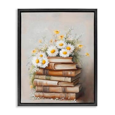 Imagem de Stupell Industries Book Stack with Daisies Black Framed Floater Canvas Wall Art, design by Arlington Prints, 21 x 17