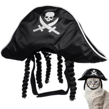 Imagem de Milisten Chapéu de pirata para animais de estimação, fantasia de pirata de animal de estimação, boné de gato com estampa de caveira de pirata, chapéu de festa de Halloween, acessórios para fantasia de