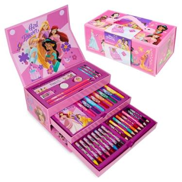 Imagem de Disney Stitch Kids Kit de desenho de lápis de cor para meninas, meninos, papelaria com bloco de notas, marcadores de giz de cera, estojo de viagem, presentes para crianças (princesas rosa)