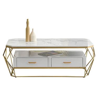 Imagem de Mesa de centro com estampa de mármore branco com pernas de metal dourado, mesa de 2 andares, mesa de centro retangular moderna dourada