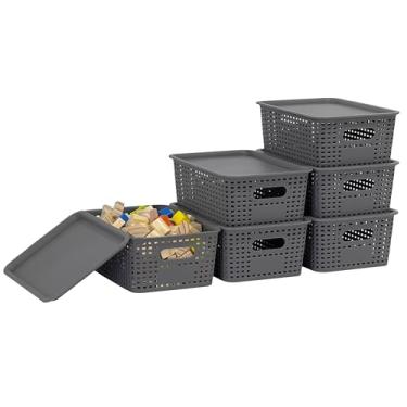 Imagem de Soddeph Cestas de armazenamento de plástico com tampas e alças, caixas organizadoras empilháveis com tampas para prateleiras, armários, cozinha, banheiro, quarto e sala de aula (cinza, pacote com 6)