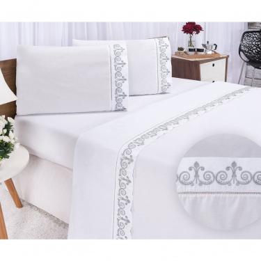 Imagem de Jogo Lençol Atenas Quarto Casal Queen Bordado 4 Peças 2fronha Cor:branco Com Cinza