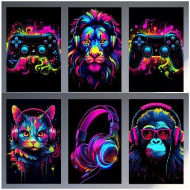 Imagem de Kit 6 Quadros Gamer Streamer Animais Controle Games 20x28cm - CAMALEÃO