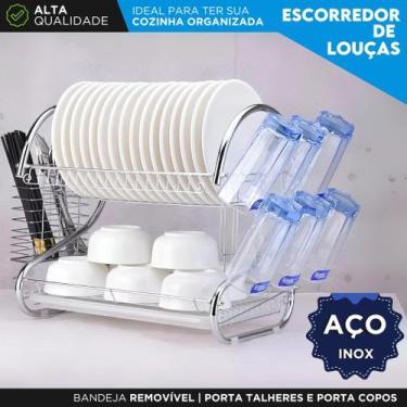 Imagem de Escorredor de Louças Inox 2 Andares Duplo com Bandeja Porta Talheres e