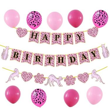 Imagem de Faixa de feliz aniversário de chita rosa, faixa de feliz aniversário para meninas, balões com tema de guepardo, aniversário selvagem de leopardo para festa e chá de bebê