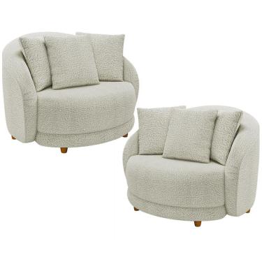 Imagem de Kit 02 Poltronas Decorativa Sala De Estar Base Fixa De Madeira Witta M03 Bouclê Bege Claro