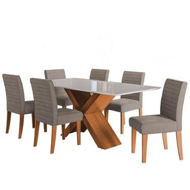Imagem de Conjunto De Mesa Sala De Jantar Tampo Com Vidro 1,60m Grécia 6 Cadeiras Creta Dobuê Madeirado/mascavo