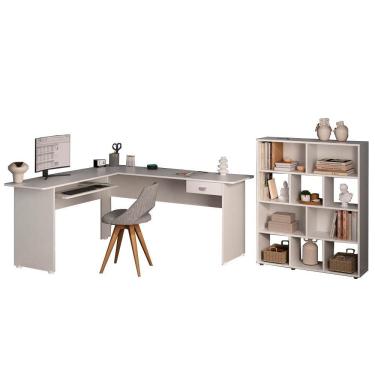 Imagem de Mesa Escrivaninha 1 Gaveta E Estante 10 Nichos Branco Arly Branco