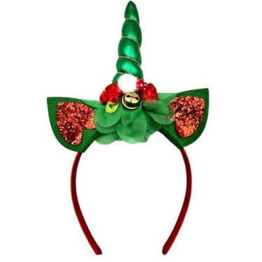 Imagem de OIUUBBII Tiara feminina de unicórnio de Natal, chifre verde brilhante com design de sino e flor para festa de aniversário, festival, rave, cosplay