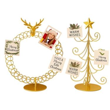 Imagem de Moxweyeni 2 peças de suporte de exibição de cartão de Natal para cartões foto ouro metal 30,5 cm design de árvore de Natal e guirlanda feito em ouro