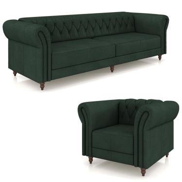 Imagem de Conjunto 1 Sofá Living 260cm E 1 Poltrona Stanford Chesterfield Pés Madeira Couro Verde G58 Gran Belo