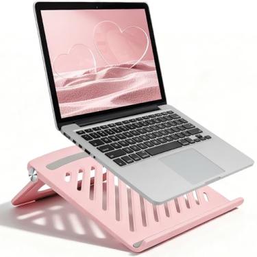Imagem de KYQEE Lindo suporte rosa para laptop para mesa – Suporte ajustável dobrável e portátil para laptop com almofadas antiderrapantes de silicone, suporte de computador ventilado e resistente para MacBook