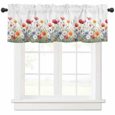 Imagem de Cortinas curtas de cozinha com estampa floral de flores silvestres para decoração de janelas, tratamento de janela para banheiro, sala de estar, quarto, 1 painel, 137 x 45 cm