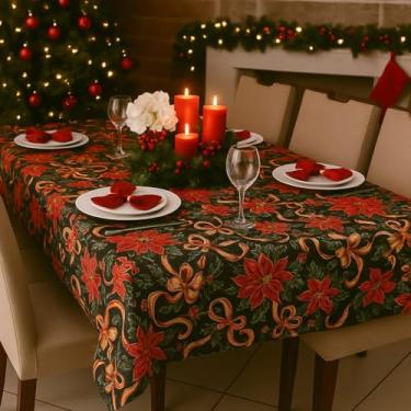 Imagem de Toalha de Mesa Natalina, Poinsétia e Flocos de Neve, 6 Lugares, Decoração de Natal (Natal Floral Fundo Preto)