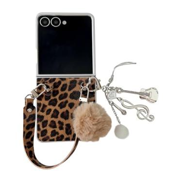 Imagem de GANGANPRO Capa de couro leopardo para Samsung Galaxy Z Flip6, capa fina à prova de choque de nível militar com pulseira de couro PU para mulheres, marrom