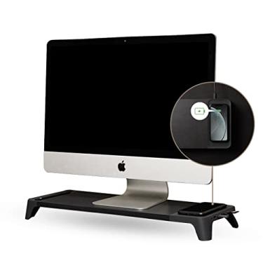 Imagem de POUT E8 Suporte de mesa de madeira para monitor de computador + HUB USB + carregador Qi rápido sem fio para laptop, Apple, iMac, PC, iPhone, Samsung Galaxy, Airpod 2, Buds (preto)