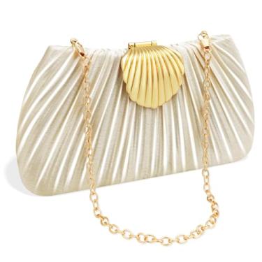 Imagem de YBMYCM Bolsa clutch para noite feminina, portátil com fecho de concha, elegante bolsa de seda para casamento, formatura, jantar de luxo, Champanhe dourado