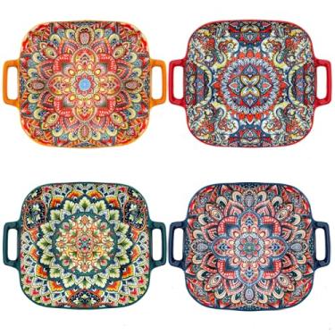 Imagem de Pratos quadrados de salada de cerâmica com alça dupla, tigelas de servir boho de 23,4 cm, conjunto de 4 para aperitivo, cereal, aveia, sobremesa, macarrão, lava-louças, micro-ondas e forno, presente e