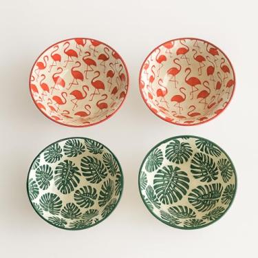 Imagem de KIT 04 BOWLS TIGELAS DE CERÂMICA FLAMINGO E FOLHAGEM TROPICAL 300ML