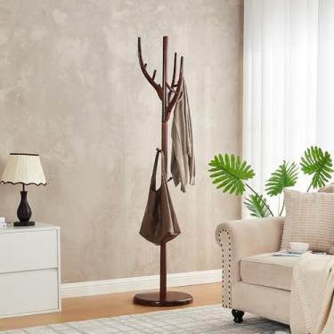 Imagem de Cabide de madeira independente – Suporte para chapéus de madeira maciça resistente com 11 ganchos, suporte para cabide independente para quarto, entrada, corredor, sala de estar (nogueira escura)