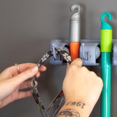 Imagem de Suporte de Parede Organizador para Vassouras, 4 Ganchos, Cinza, Montagem na Parede, Organizador Doméstico para Utensílios de Limpeza