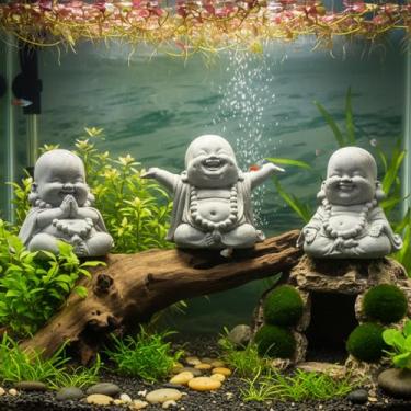 Imagem de LIYAOLI Conjunto de 3 peças de estátua de Buda de arenito para decorações de aquários, ornamentos de decoração de aquário, acessórios de aquário Betta, esculturas zen para riqueza, boa sorte, Feng