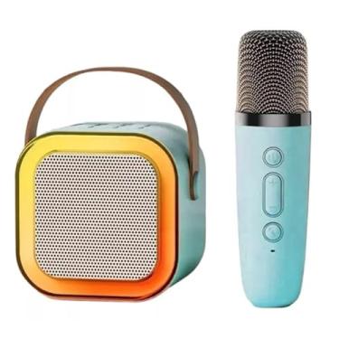 Imagem de Caixinha de Som Karaokê Bluetooth Portátil com 1 Microfone Sem Fio, Luzes LED, USB, Bateria Recarregável (Azul)