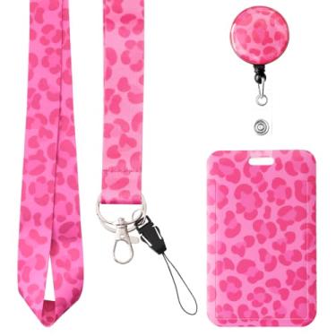 Imagem de Conjunto de cordão de professor de leopardo rosa com porta-cartão de identificação e carretel de crachá retrátil, lindo cordão de pescoço para chaves, chaveiro, cartão de crédito, passe, ótimos