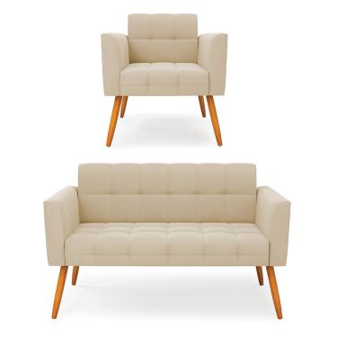 Imagem de Kit 1 Sofá Namoradeira e 1 Poltrona Elisa Suede Bege Pés Palito Castanho D03 - D'Rossi