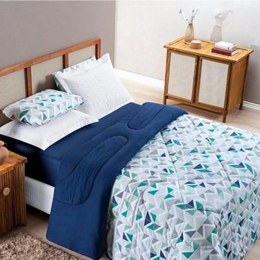 Imagem de Kit Edredom Queen Com Jogo De Lençol Malha 100% Algodão 4 Peças Geométrico Azul