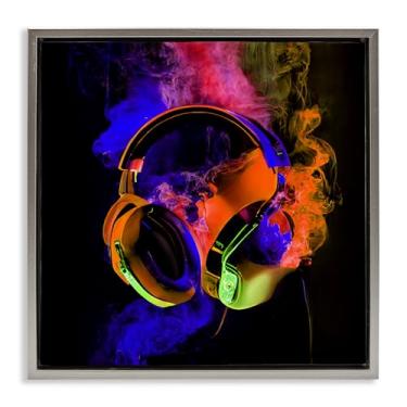 Imagem de Stupell Industries Arte de parede em tela flutuante preta para fones de ouvido Power Play, design por Sasha, 45,7 x 45,7 cm