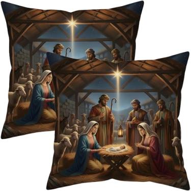 Imagem de Conjunto de 2 capas de almofada de Natal para presépio 45,7 x 45,7 cm, fronhas decorativas com estampa dupla face com cena de manjedoura sagrada, capas de almofada para sofá