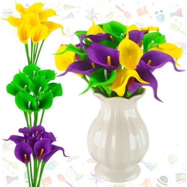 Imagem de Hoteam 24 peças de flores artificiais de carnaval, roxo, amarelo, verde, carnaval, cala, lírio, decoração, carnaval, flores falsas, carnaval, arranjos florais para decoração de mesa ao ar livre