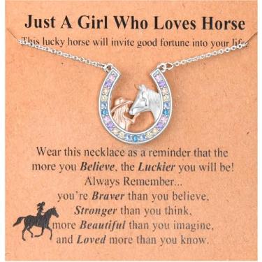 Imagem de Presentes de cavalo para meninas – Colar de cavalo, pingente de ferradura, presentes para amantes de cavalos, colar de ferradura com lindos cristais coloridos, meias de Natal, filha, neta