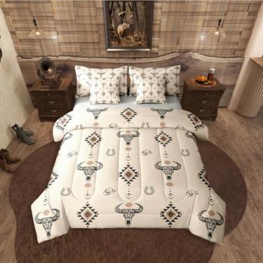 Imagem de Erosebridal Jogo de cama de 7 peças de caveira de touro, conjunto de edredom asteca completo com lençóis, ferradura do sudoeste, chapéu de caubói, cama em uma bolsa, flecha ocidental, marrom