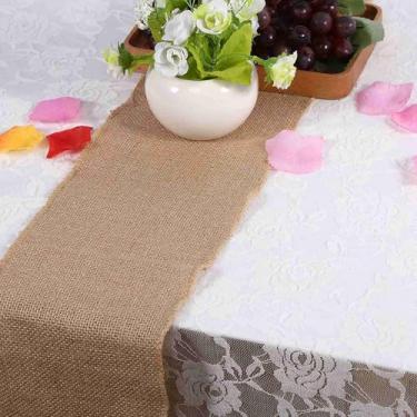 Imagem de Rolo de caminho de mesa de juta de 15 cm x 2 m, decoração de mesa vintage rústica tecido de serapilheira com borda costurada para faixas de cadeira de casamento, para artesanato DIY e decorações de