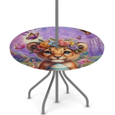 Imagem de hongjinglin Toalha de mesa de Páscoa para uso ao ar livre com orifício para guarda-chuva, toalha de mesa redonda elástica com zíper, impermeável, limpável, para piquenique, festa, pátio, serve para