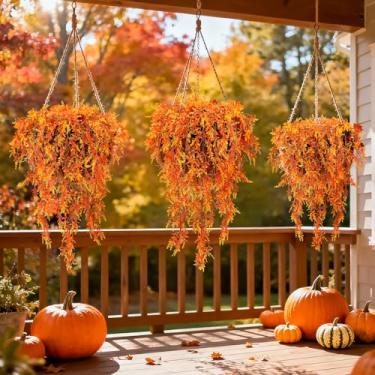 Imagem de RAINFLOW Flores artificiais de outono para atividades ao ar livre, 77 cm, resistentes aos raios UV, flores artificiais de lavanda de outono, realistas, para vasos de jardim, varanda, decoração de Ação