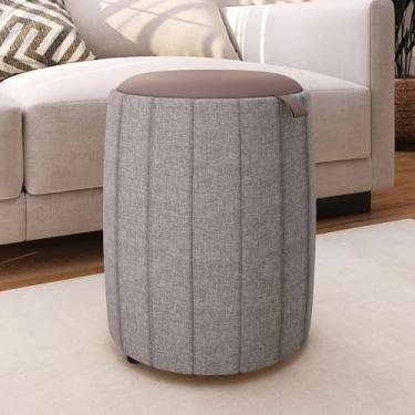 Imagem de Puff Redondo Luxo para Quarto ou Sala – Banqueta Estilo Penteadeira Decorativa(Linho Cinza)
