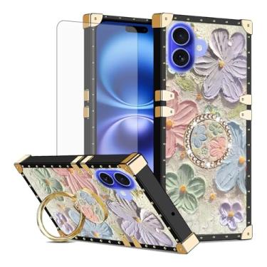 Imagem de Asuwish Capa de telefone para iPhone 16 6,1 polegadas capa magnética com protetor de tela de vidro temperado e pintura flor anel protetor à prova de choque suporte rígido i Phone16 i16 16 capa