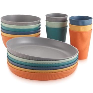 Imagem de Anbte Conjunto de pratos e tigelas de plástico, 18 peças, conjunto de louça inquebrável para 6, conjunto de pratos leves e reutilizáveis, seguro para micro-ondas e lava-louças, conjunto de jantar