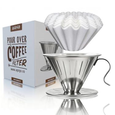 Imagem de AGOGO Conjunto de cafeteira portátil V60 – Gotejador compacto de aço inoxidável 304 de fácil limpeza para acampamento e 50 filtros, papel e pano de limpeza prateado V60