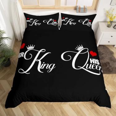 Imagem de Erosebridal Conjunto de capa de edredom King and Queen Her King and His Queen, conjunto de cama romântico para o Dia dos Namorados Queen 50º casamento, presentes de casal para ele e ela