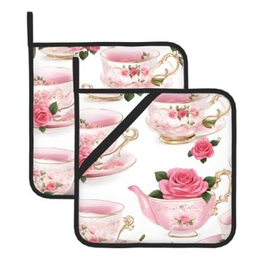 Imagem de Xícaras de chá com rosas românticas gastas - Conjunto de tapetes quadrados resistentes ao calor, 2 peças antiderrapantes com alças para pendurar, para balcão de cozinha e proteção de mesa de jantar.
