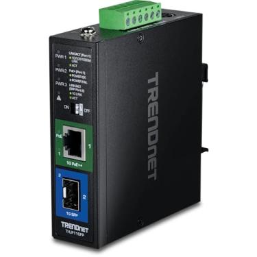 Imagem de Conversor de mídia industrial endurecido TRENDnet para Gigabit UPoE, carcaça com classificação IP30, inclui trilho e suportes de parede, temperatura de funcionamento. -40 a 75 °C (-40 a 167 °F), TI-UF11SFP
