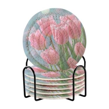 Imagem de Qilmy Conjunto de 6 peças de copos de tulipas coloridas bonitas ou porta-copos de bar para bebidas, porta-copos de fazenda ou porta-copos de mesa rústicos, porta-copos modernos de algodão para o