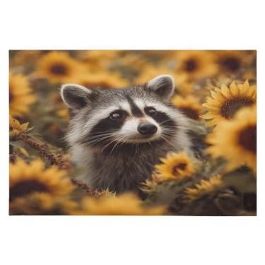 Imagem de Tapete de área 60 x 90 cm, macio, lavável, antiderrapante, com suporte de borracha, guaxinim, girassol, para sala de estar, quarto, decoração de casa